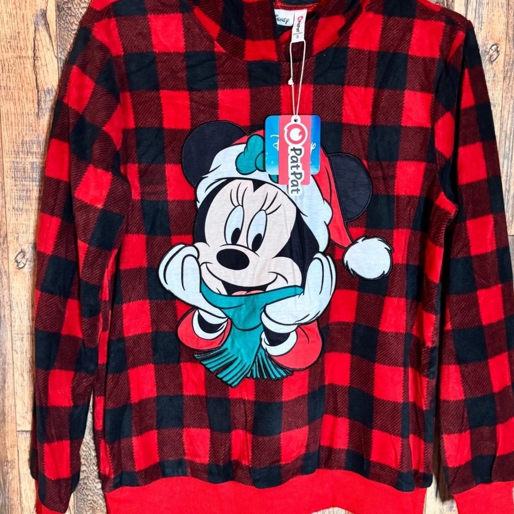 Disney PatPat Minnie‎ Mouse Holiday Red Black Plaid Hoodie Sweatshirt - Small
